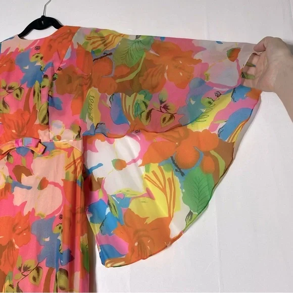 Vintage 60’s 70’s Orange Pink Blue Floral Capelet Chiffon Maxi Dress M Boho - Picture 13 of 16